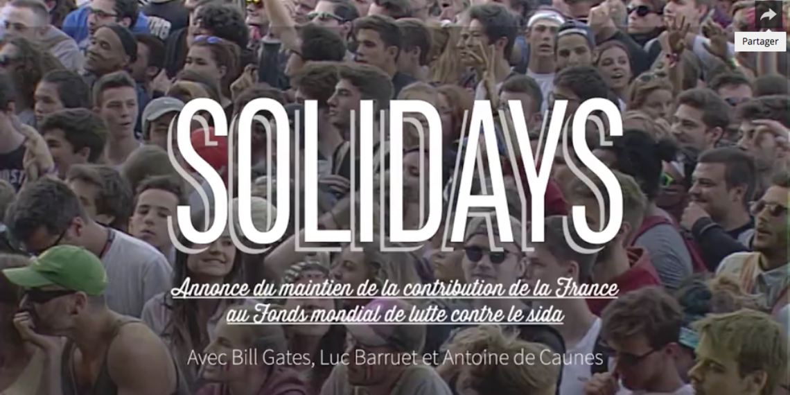 Annonce du maintien de la contribution de la France au Fonds mondial de lutte contre le sida, avec Bill Gates, L. Barruet et A. de Caunes // Solidays 2016